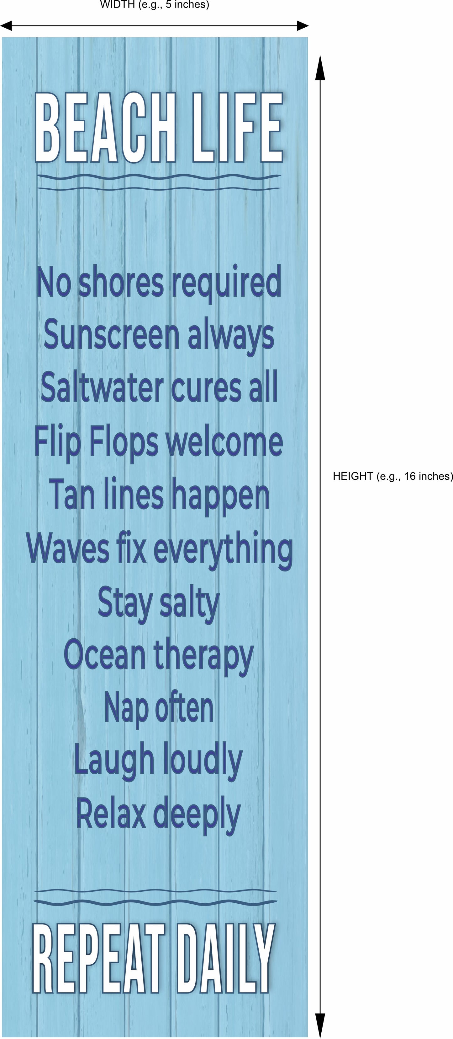 beach rules sign with dimension reference highlighting slim 5x16 vertical proportion