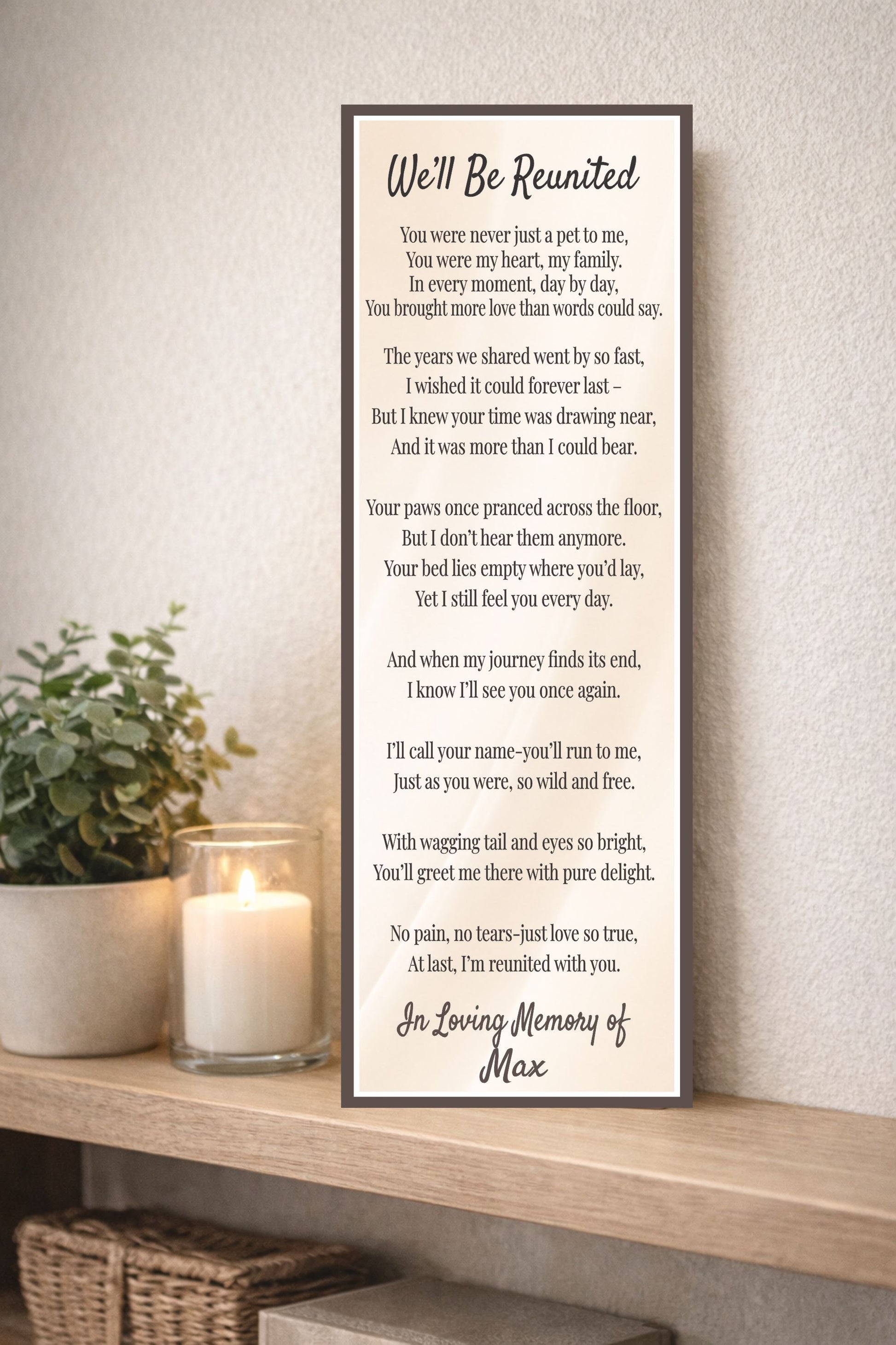 pet memorial sign on shelf with candle plant and soft neutral decor sympathy display