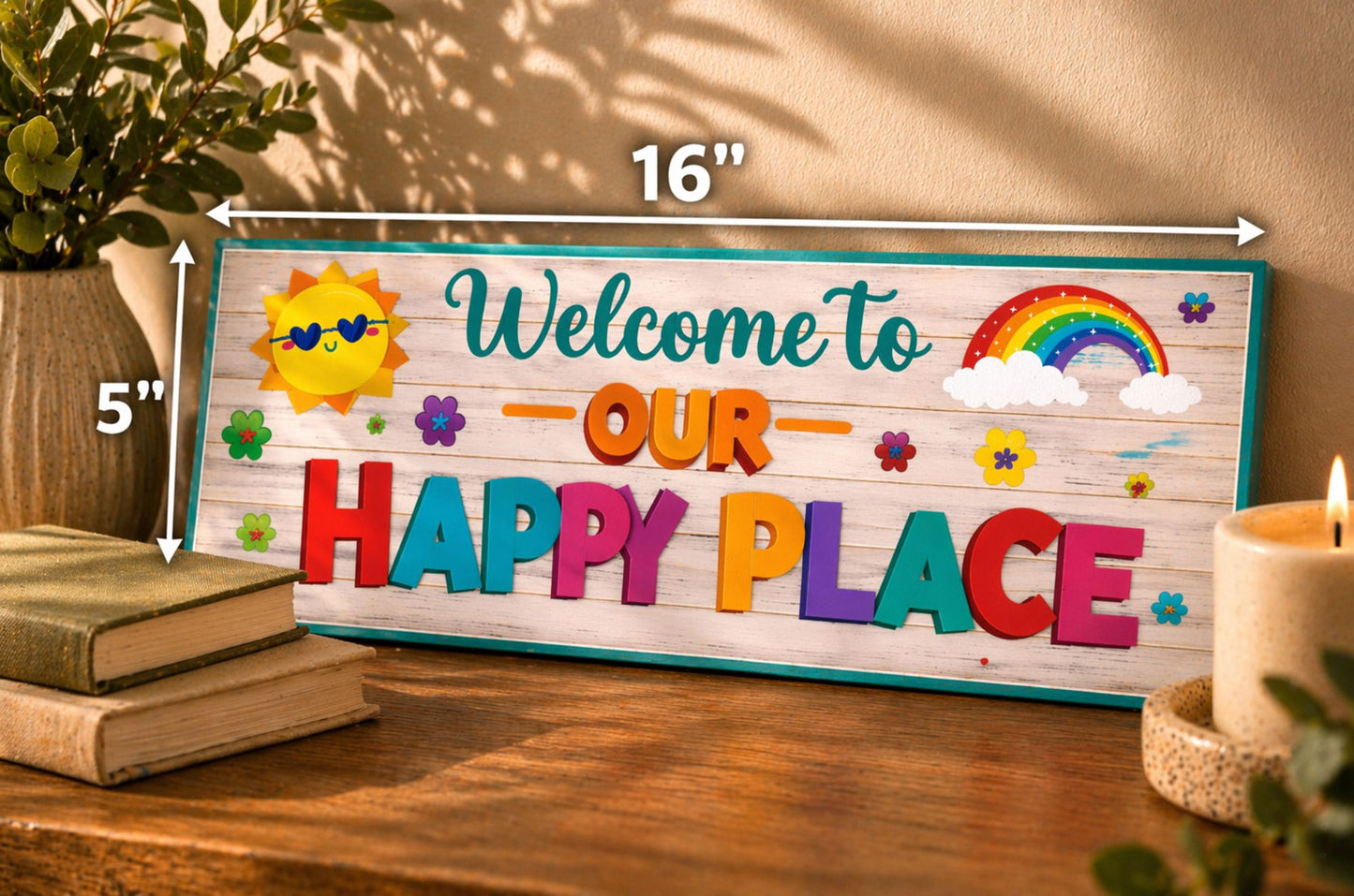 welcome to our happy place sign sitting on wood console table with 16 inch width and 5 inch height arrows shown books plant and candle warm neutral decor
