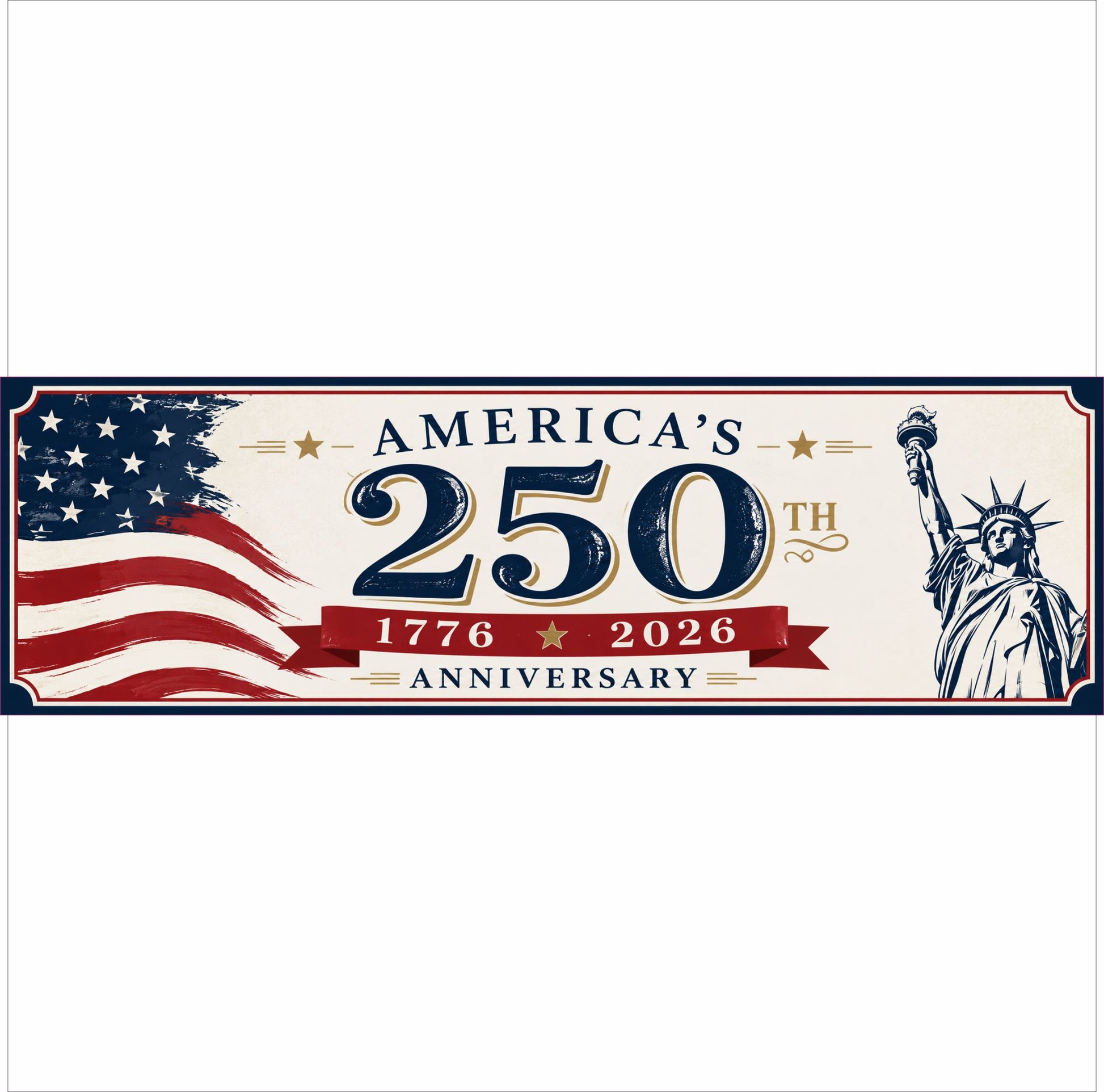Classic Liberty America 250 anniversary sign featuring Statue of Liberty and American flag artwork