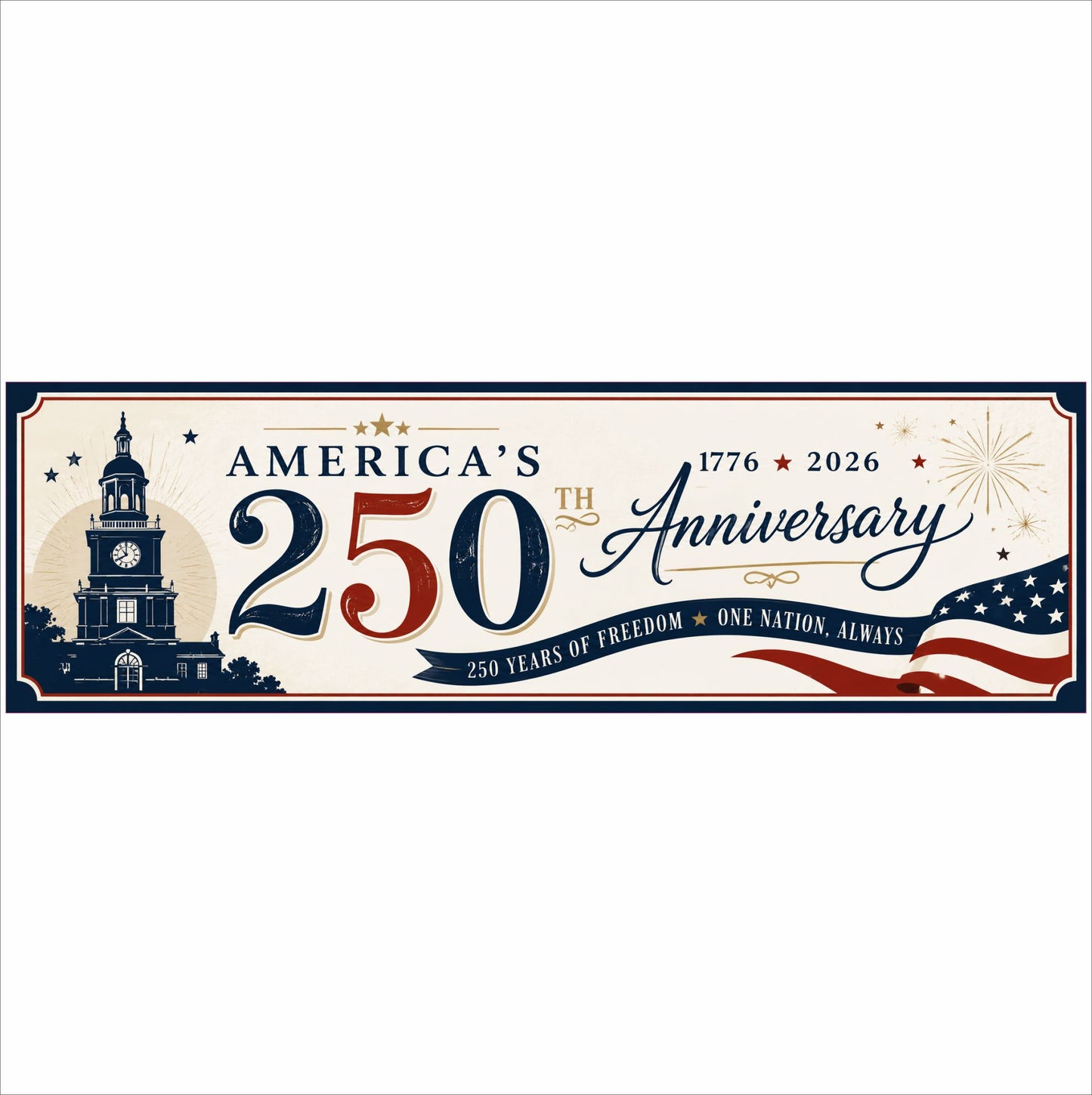 Independence Hall America 250 anniversary sign featuring historic American architecture and patriotic graphics
