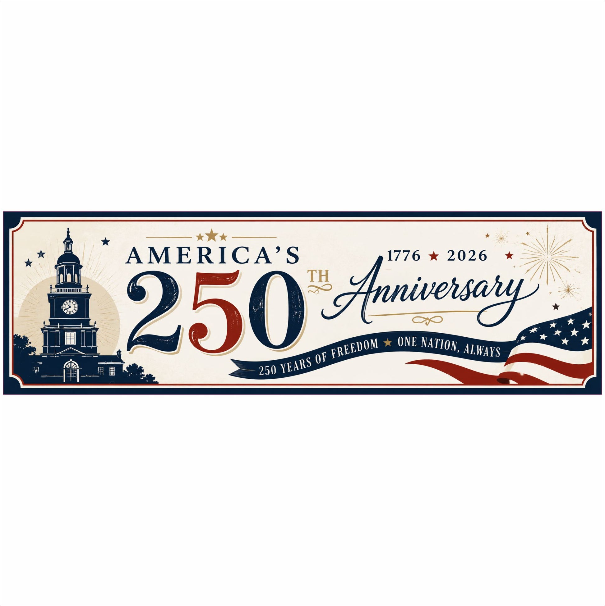 Independence Hall America 250 anniversary sign featuring historic American architecture and patriotic graphics