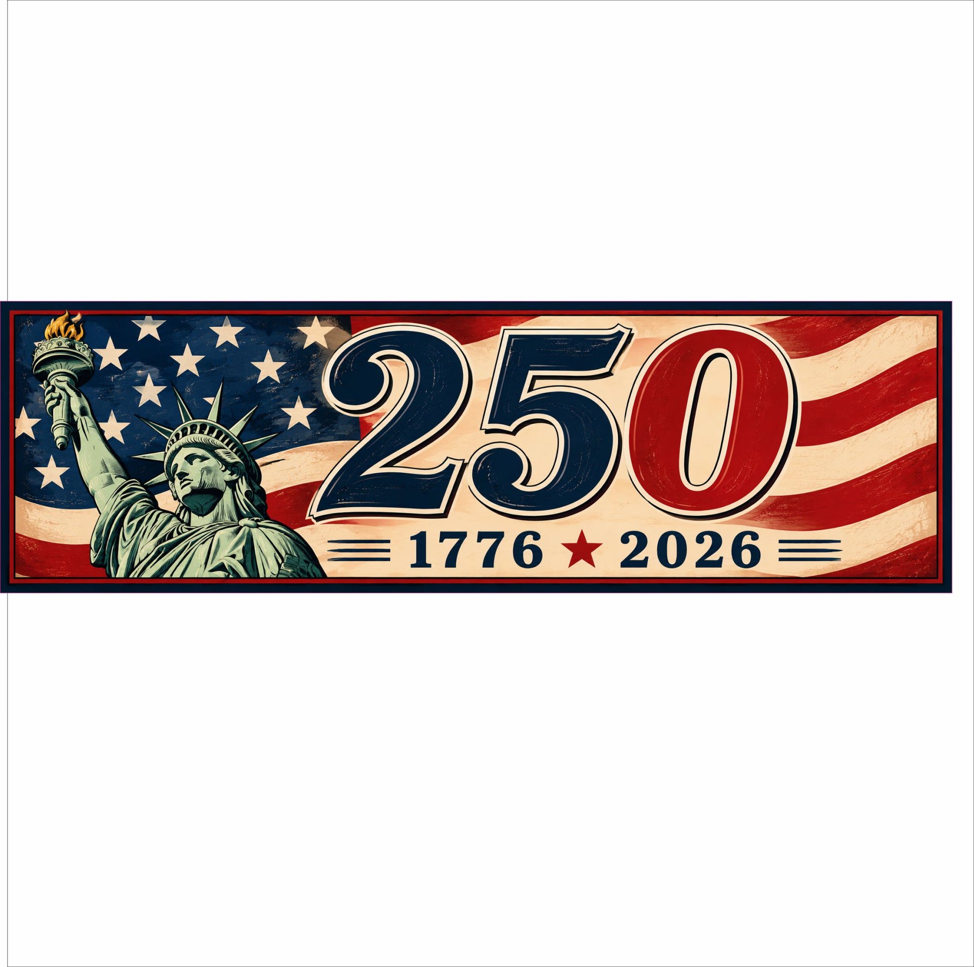 America 250 Liberty Flag anniversary sign featuring Statue of Liberty and American flag design