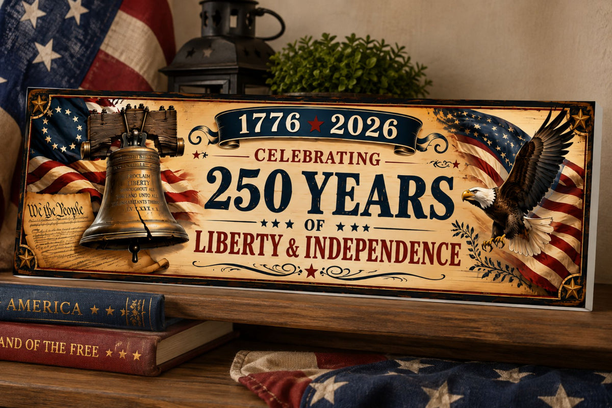 Liberty Bell and eagle 250th anniversary patriotic sign displayed on an Americana shelf