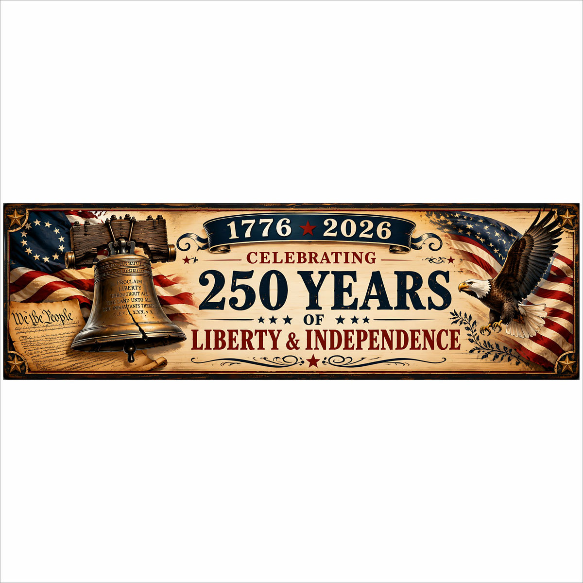 1776–2026 250th anniversary Liberty Bell and eagle American independence sign