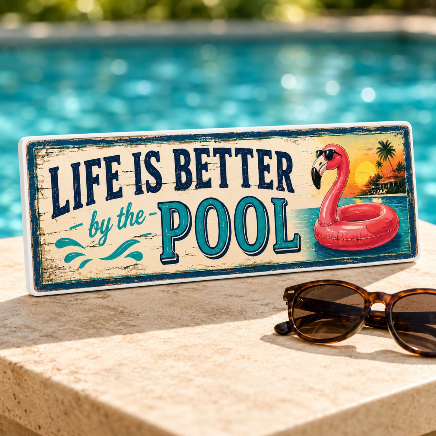 Decorative sign with 'Life is Better by the Pool' text and a flamingo pool float, placed on a ledge with a pool in the background.