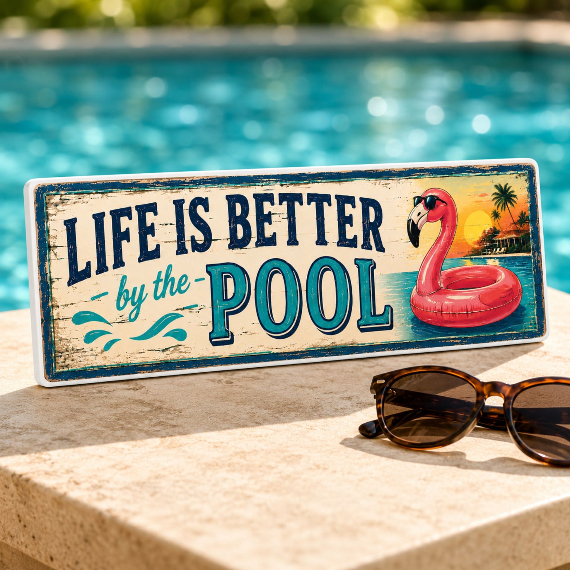 Decorative sign with 'Life is Better by the Pool' text and a flamingo pool float, placed on a ledge with a pool in the background.