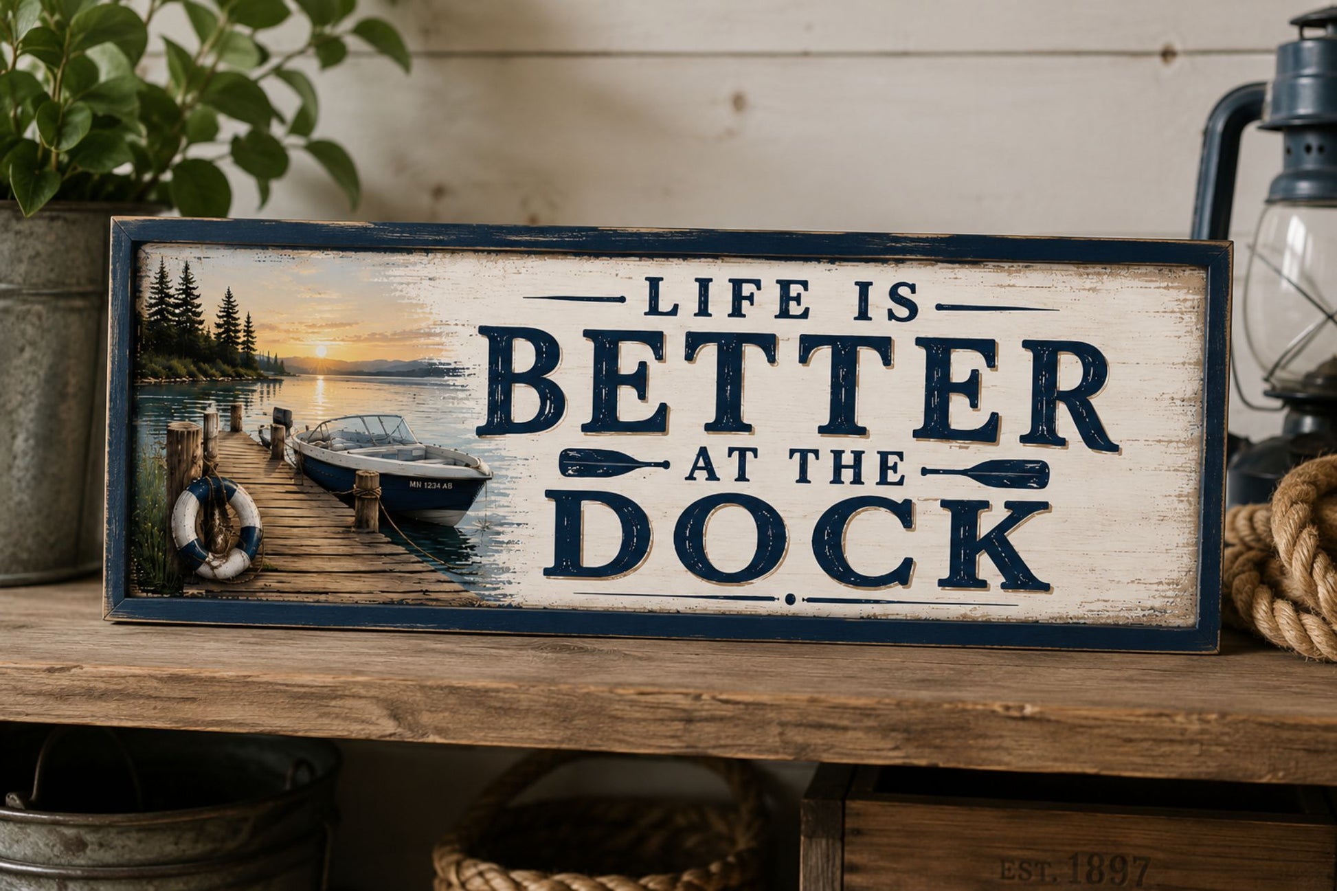 Life Is Better at the Dock lake house sign displayed on rustic shelf with nautical decor