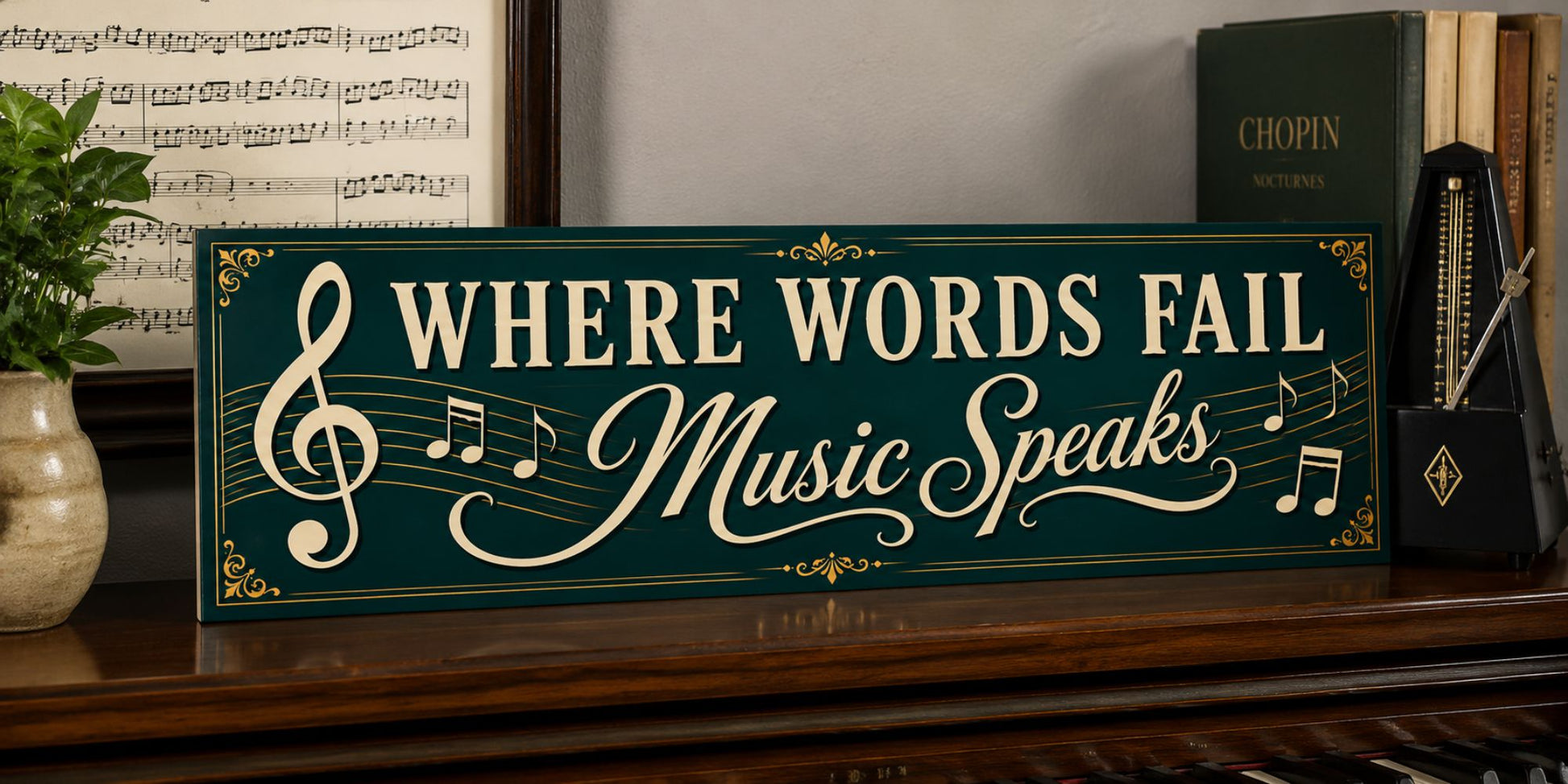 Where Words Fail Music Speaks sign displayed in a home music room