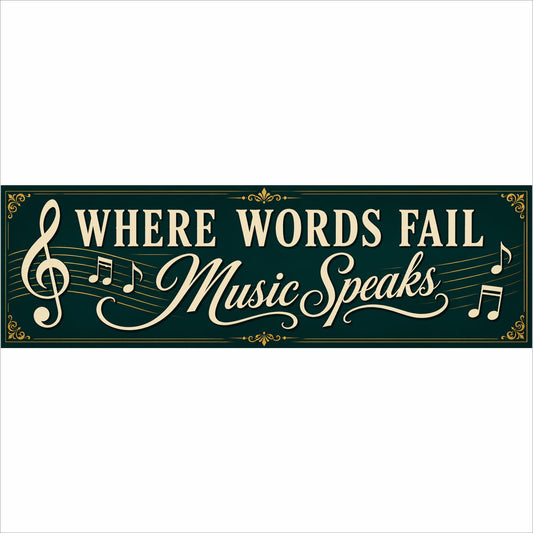 Where Words Fail Music Speaks music room sign with musical notes, 16 x 5 ready-to-ship wall decor