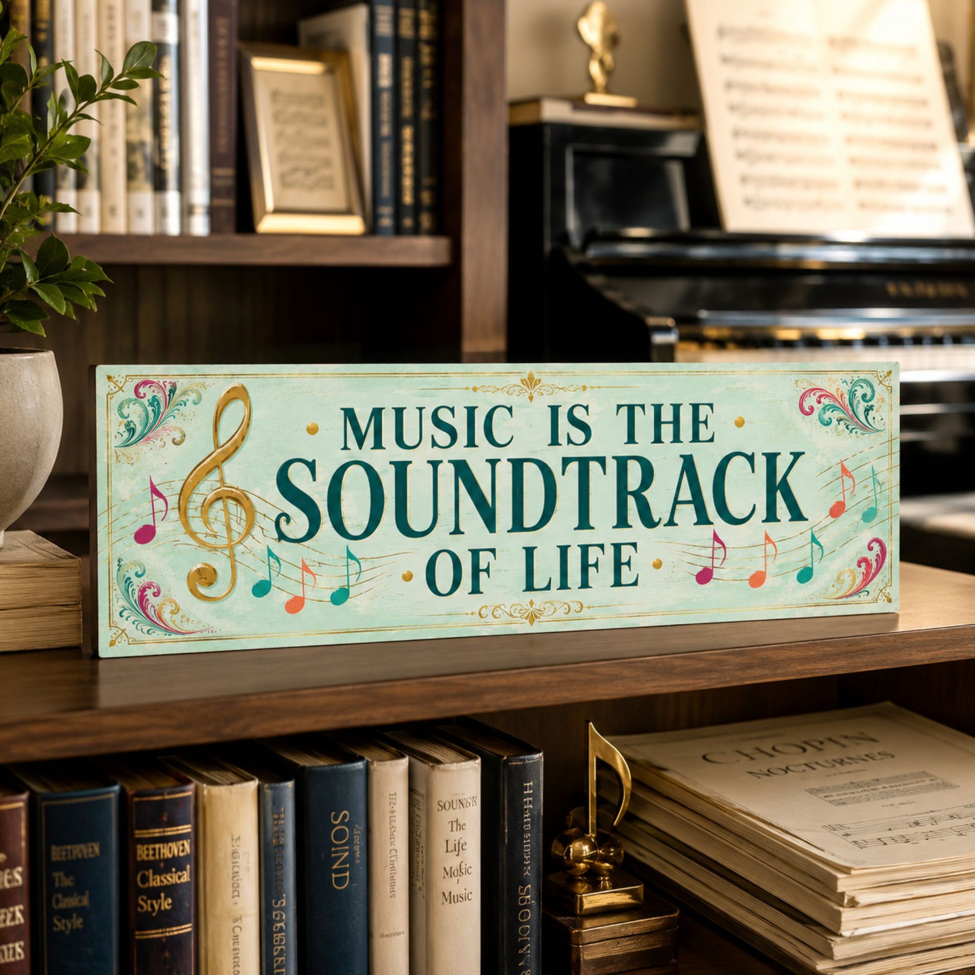 Music Is the Soundtrack of Life sign displayed on a walnut shelf in a bright music room