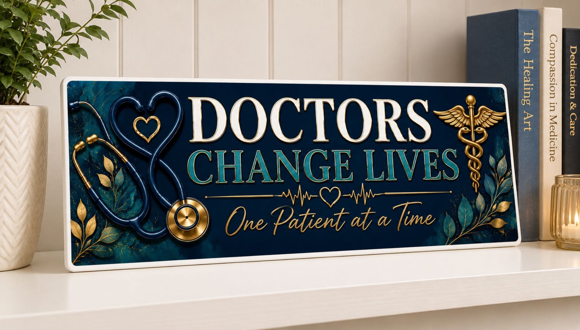 Doctors Change Lives sign displayed on a shelf in a medical office