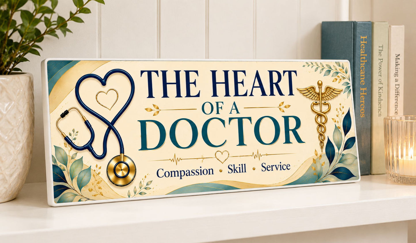 The Heart of a Doctor sign displayed on a shelf in a medical office
