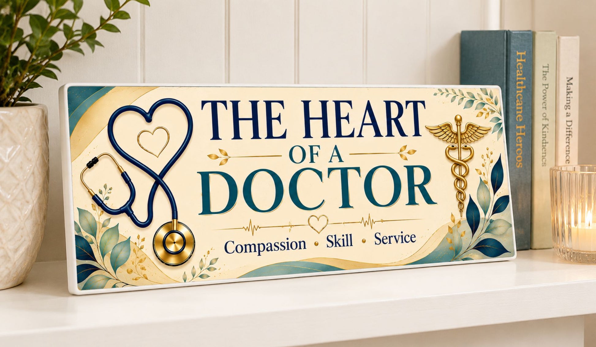 The Heart of a Doctor sign displayed on a shelf in a medical office