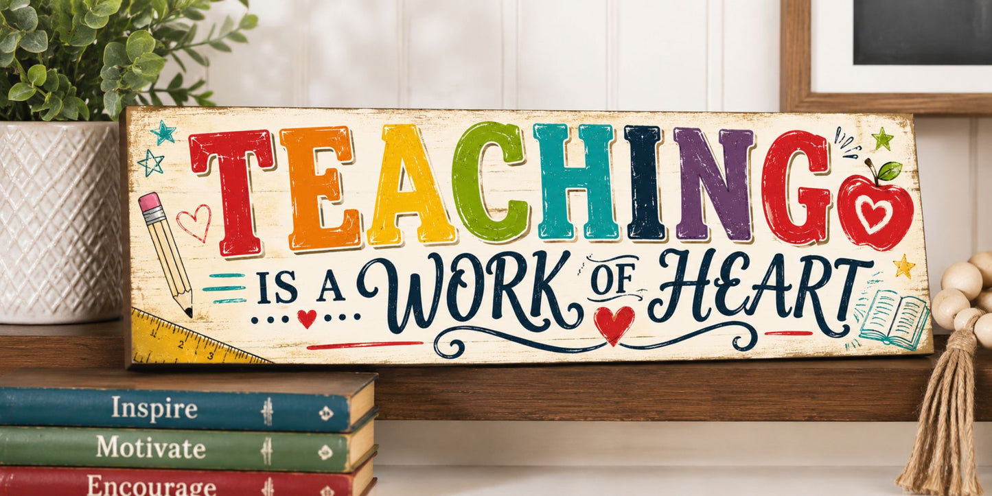 Teaching Is a Work of Heart sign displayed on a shelf in a bright classroom-inspired setting.