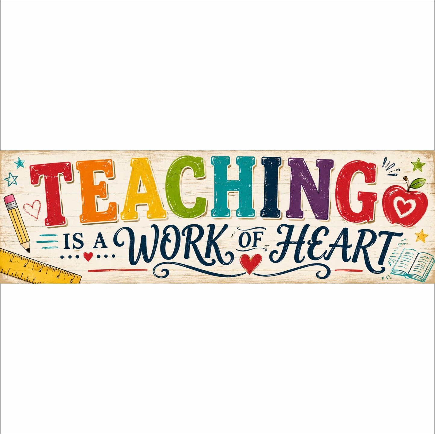 Teaching Is a Work of Heart teacher appreciation sign with colorful classroom-inspired artwork.