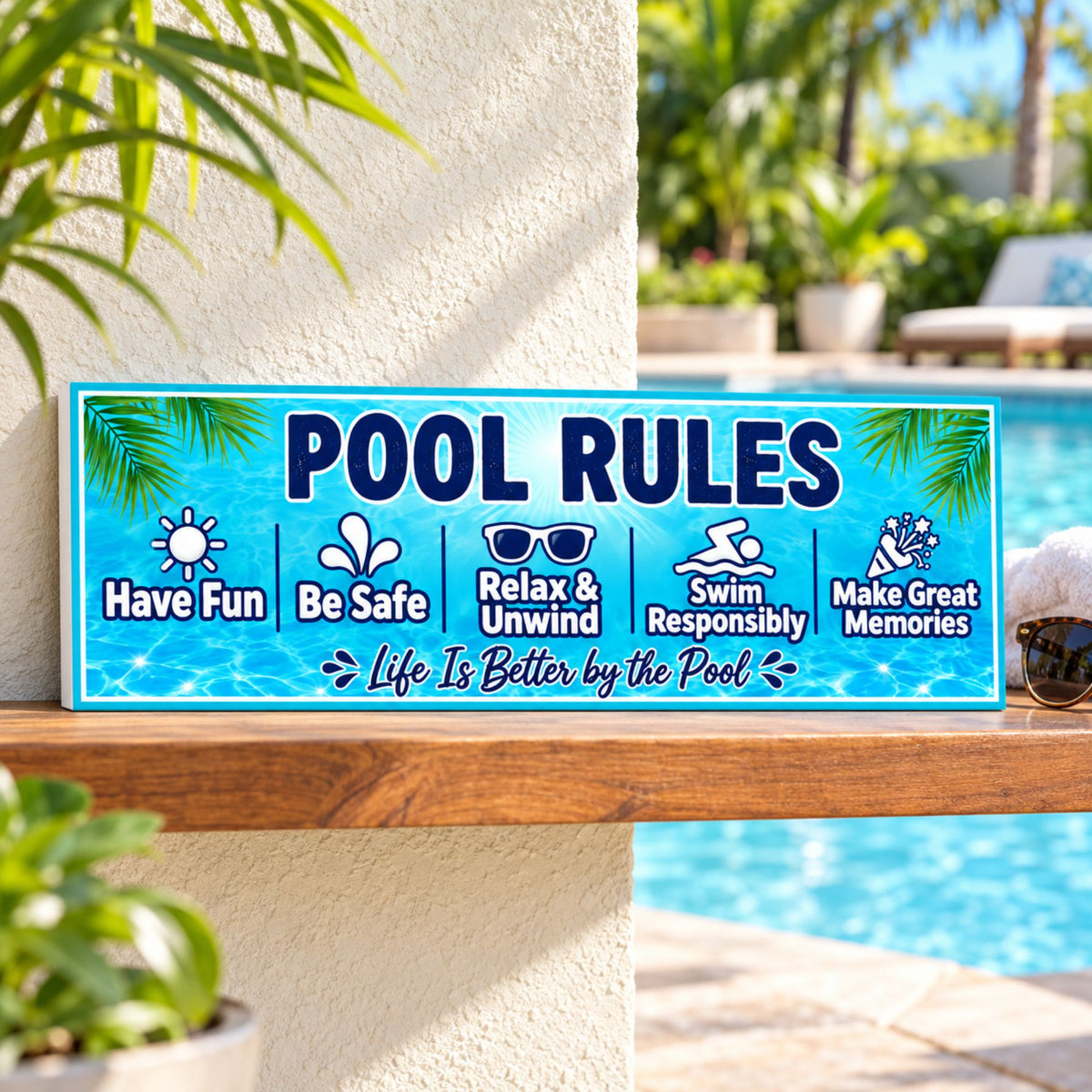 Turquoise Pool Rules sign resting on a wooden outdoor shelf beside a swimming pool, with tropical greenery and a subtle white PVC edge visible.