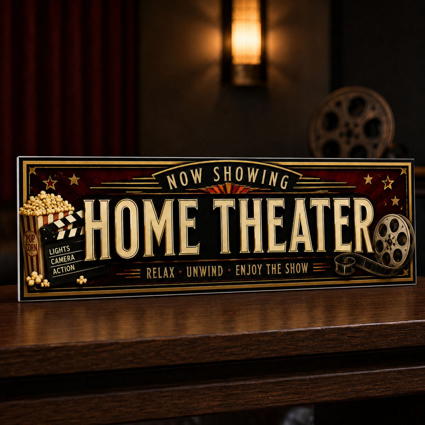 Home Theater sign displayed on a dark wooden shelf in a media room