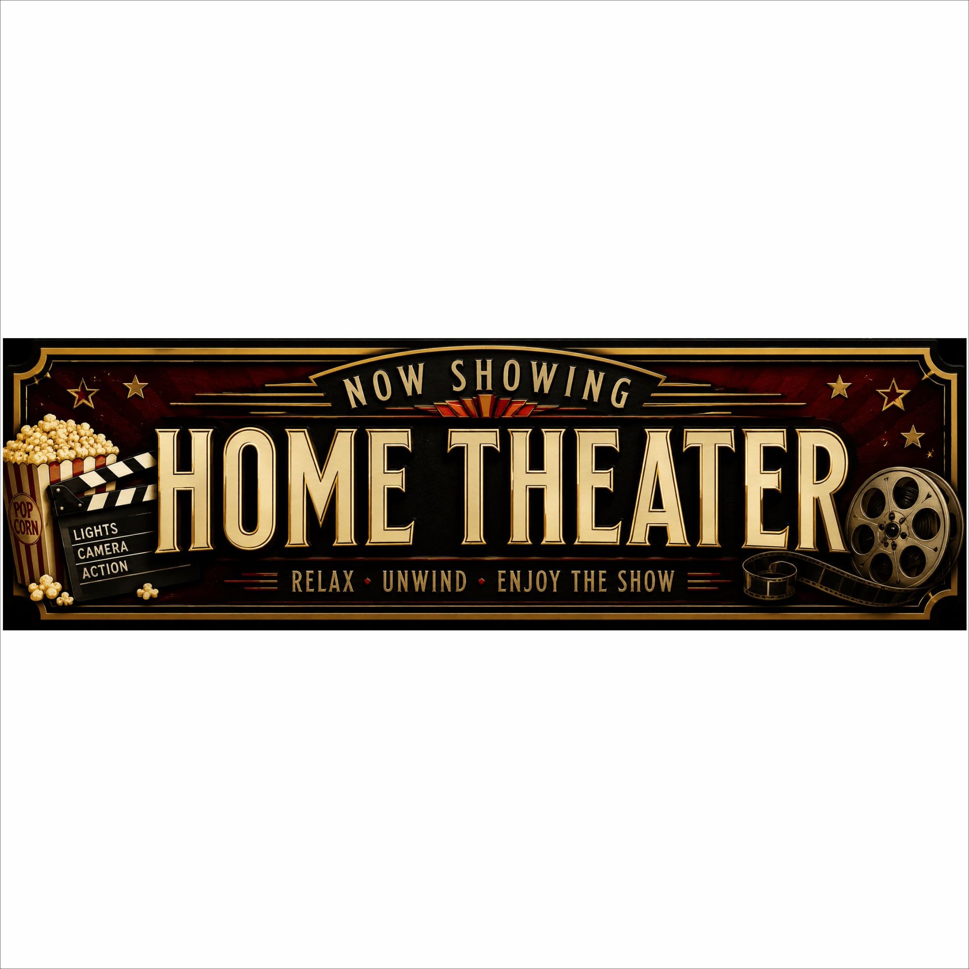 Classic Now Showing Home Theater sign with popcorn and movie reel