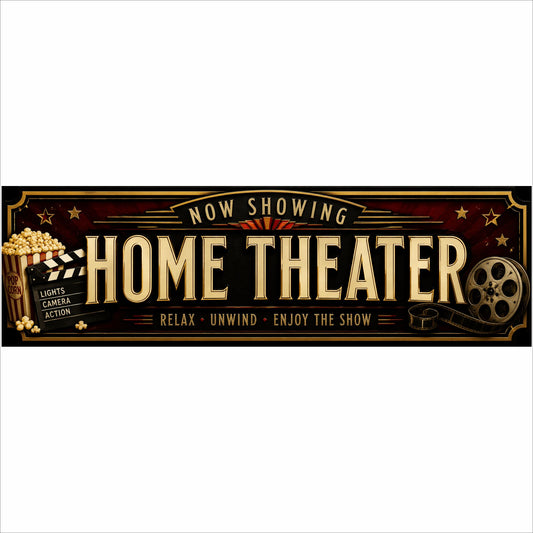 Classic Now Showing Home Theater sign with popcorn and movie reel