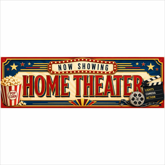 Vintage Art Deco Home Theater sign displayed on premium white Komacel PVC for movie room wall décor.