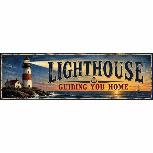 Lighthouse Guiding You Home 16x5 nautical sign featuring a coastal lighthouse, ocean sunset and sailboat printed on rigid Komocel PVC.