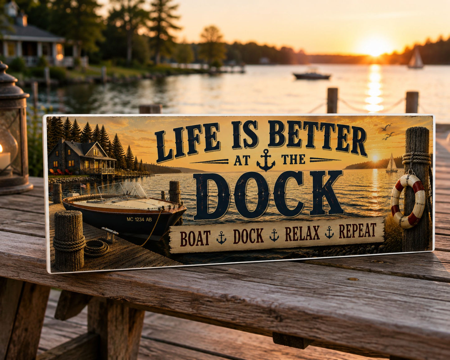 16x5 Life Is Better at the Dock sign displayed on a rustic dock bench with visible white Komocel PVC edge overlooking the lake at sunset.