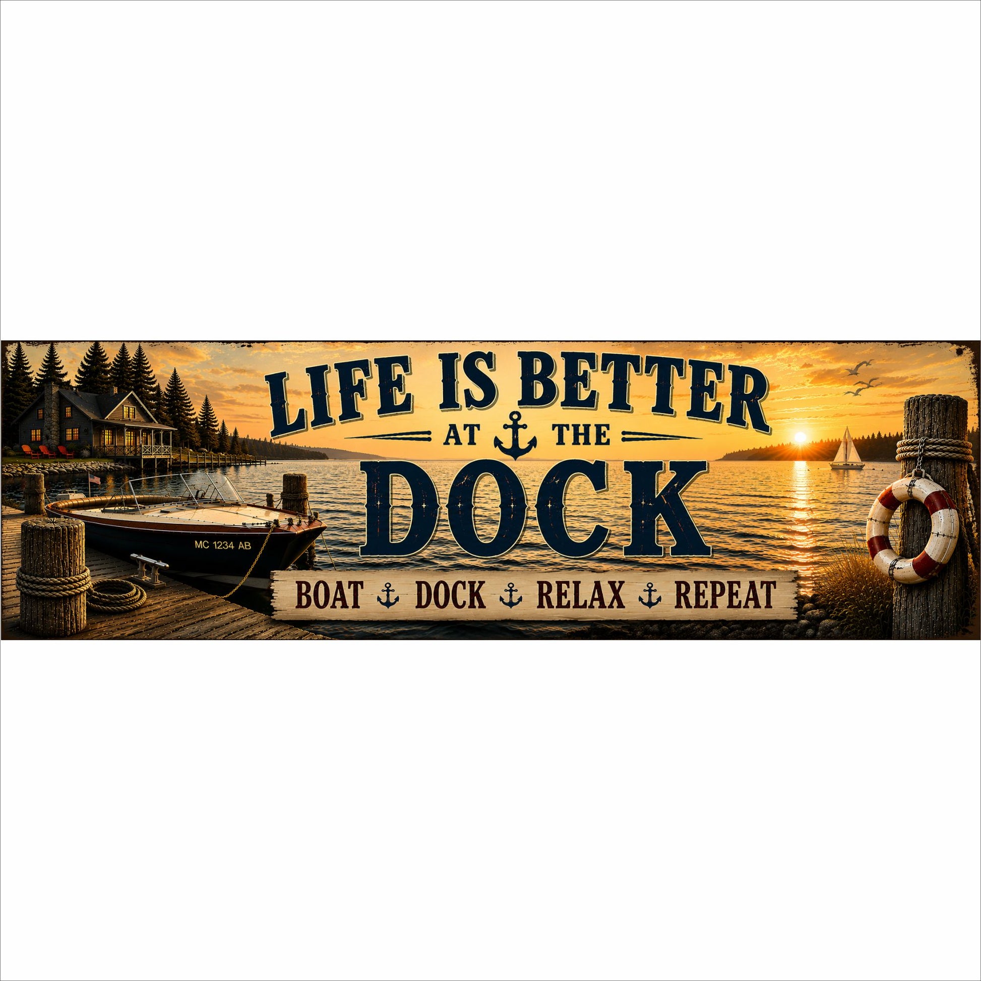 Life Is Better at the Dock 16x5 lake house sign featuring a vintage boat, dock and sunset printed on rigid Komocel PVC.
