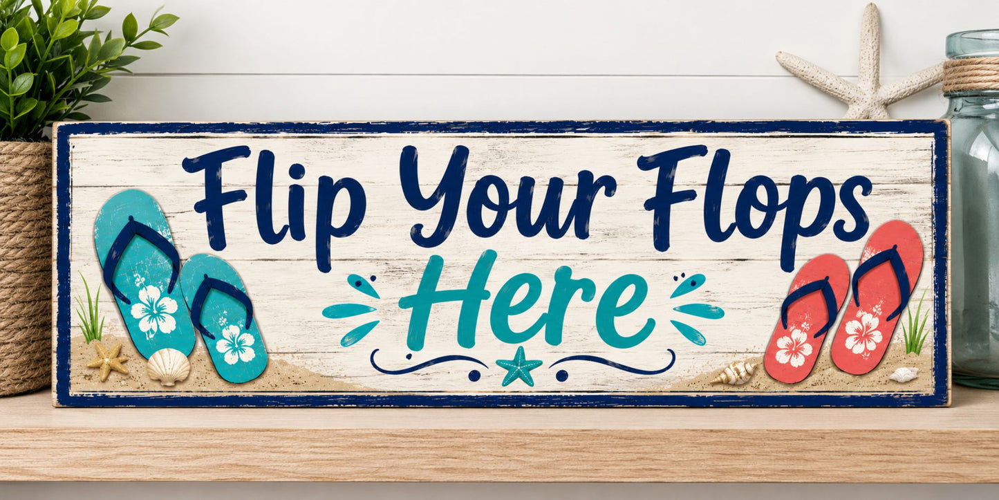 Flip Your Flops Here sign displayed on a shelf in a beach-inspired room.
