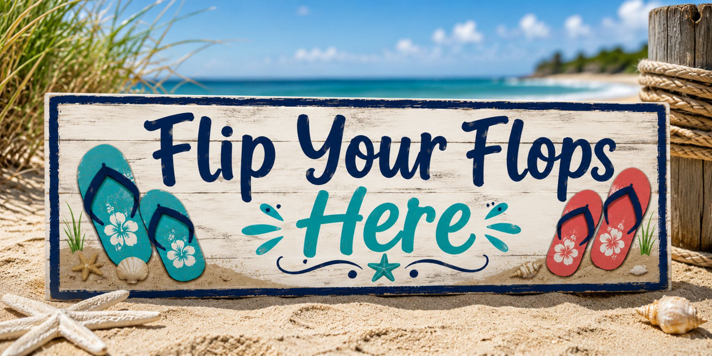 Flip Your Flops Here beach sign displayed on a sandy beach with coastal décor.