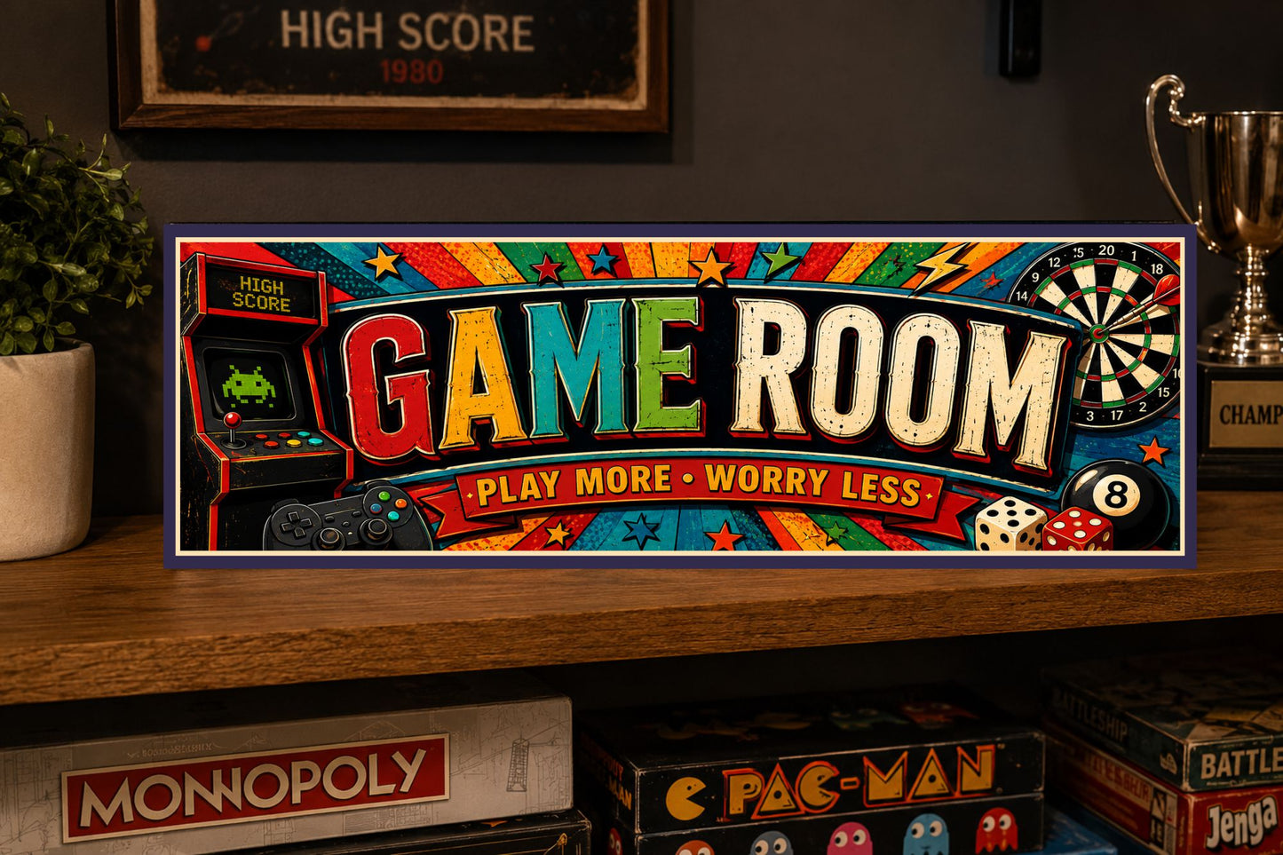 Game Room Play More Worry Less sign displayed on a shelf in a game room.