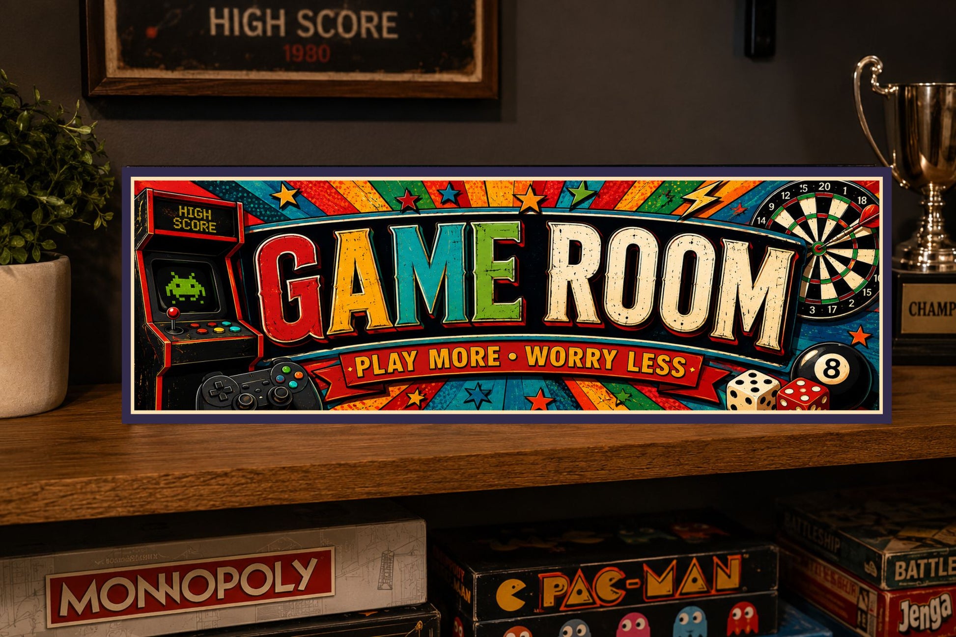 Game Room Play More Worry Less sign displayed on a shelf in a game room.