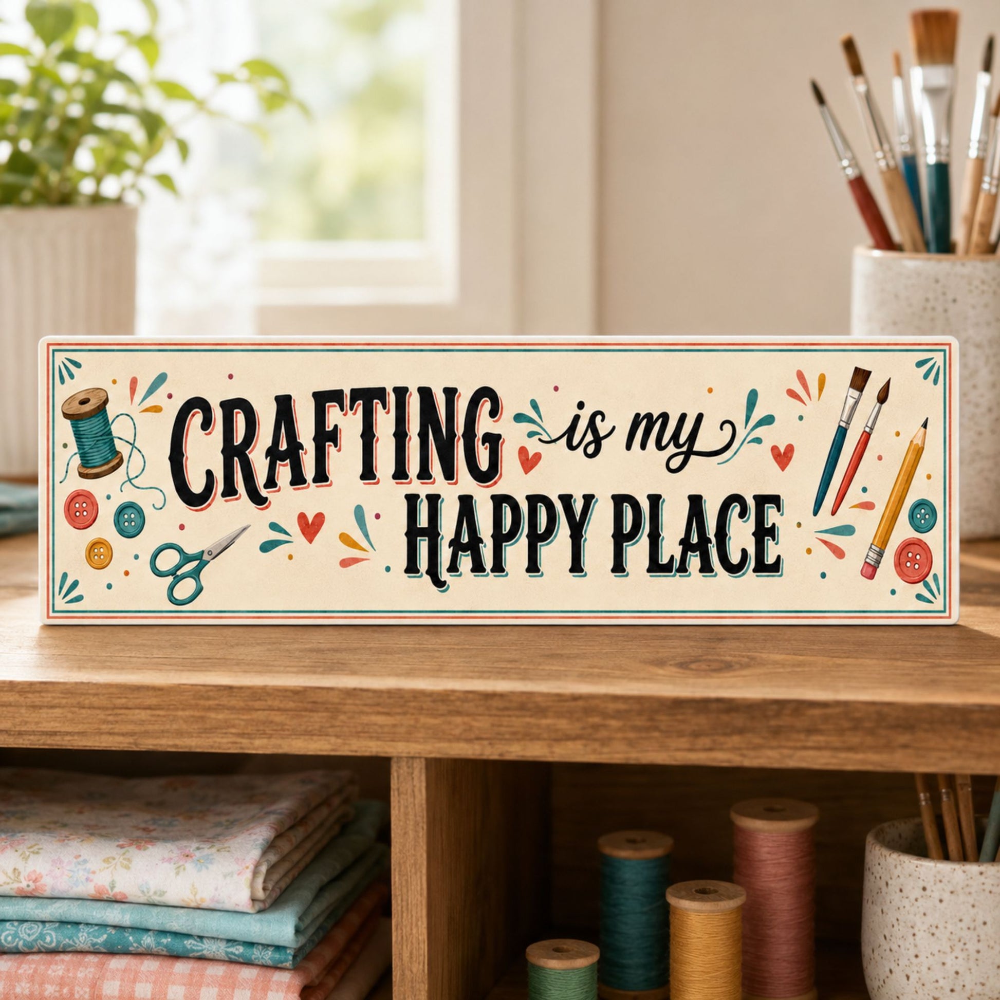 Crafting Is My Happy Place sign displayed on a wooden craft-room shelf