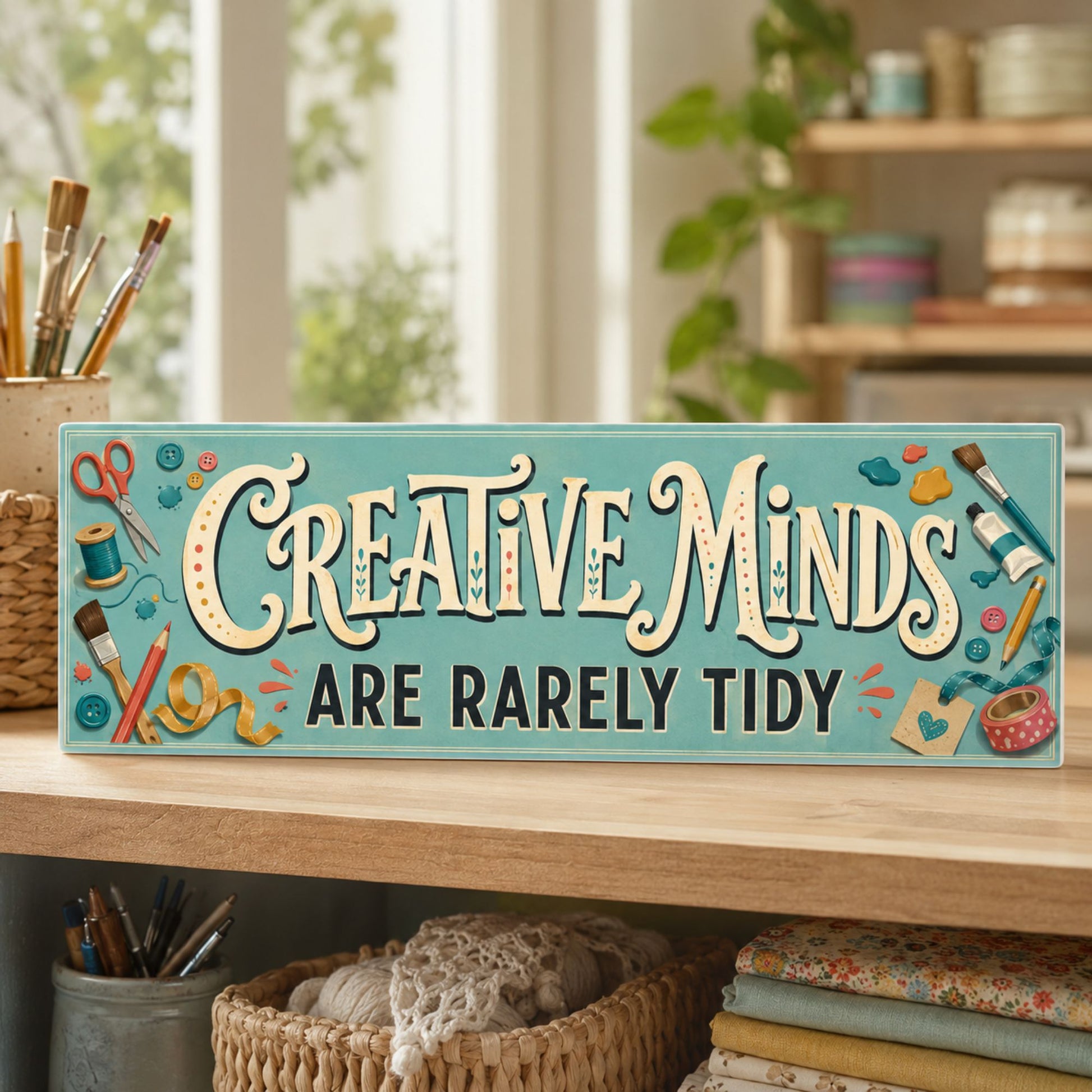 Creative Minds Are Rarely Tidy sign displayed on a wooden shelf in a bright craft room.