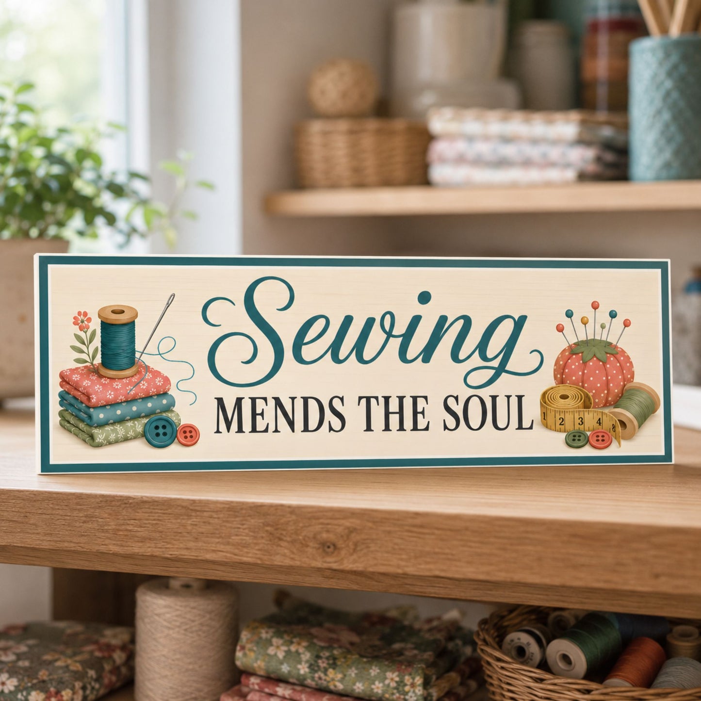 Sewing Mends the Soul sign displayed on a wooden shelf in a cozy sewing and craft room.