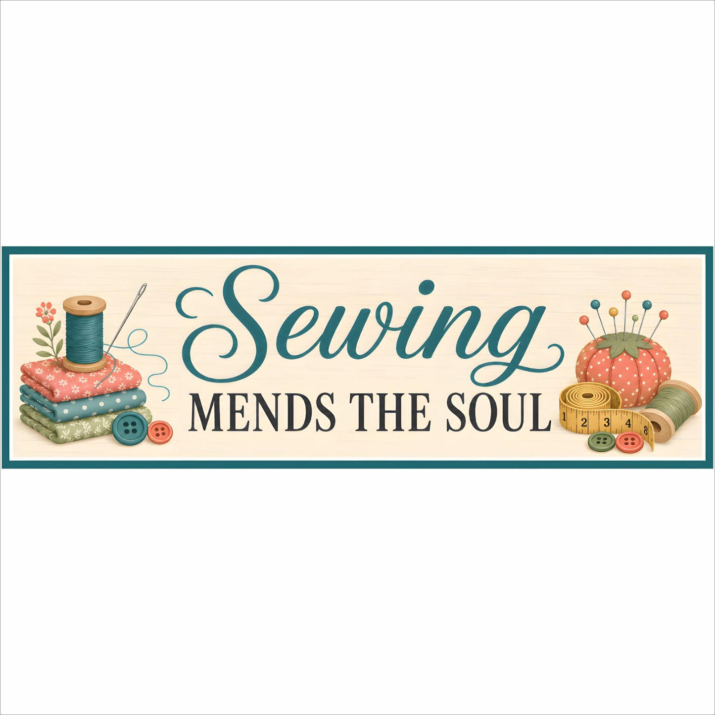 Sewing Mends the Soul sign with fabric, thread, buttons, measuring tape and a colorful pincushion.