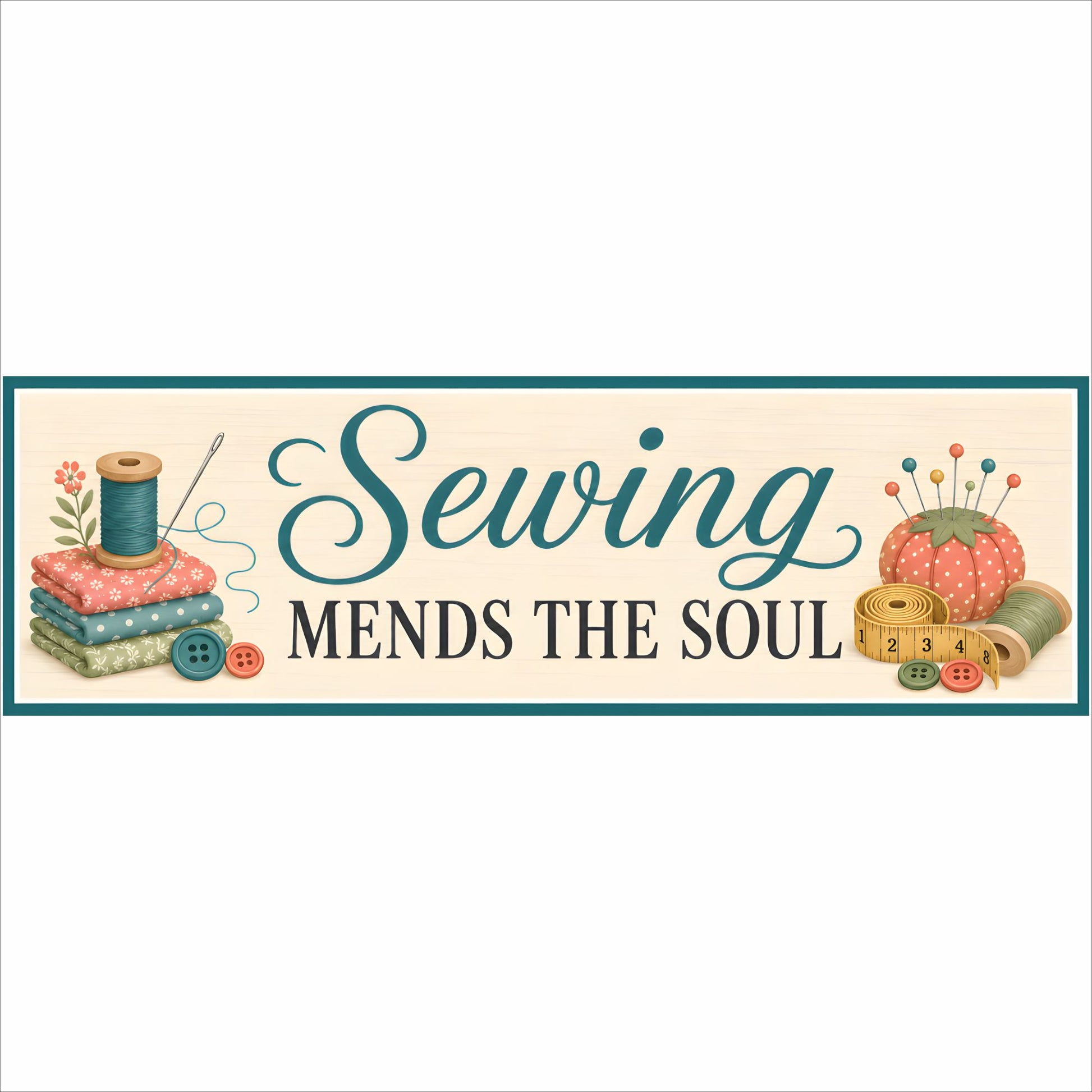 Sewing Mends the Soul sign with fabric, thread, buttons, measuring tape and a colorful pincushion.