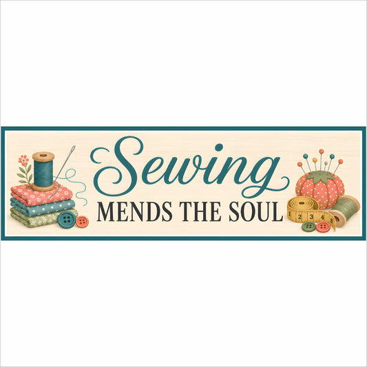 Sewing Mends the Soul sign with fabric, thread, buttons, measuring tape and a colorful pincushion.