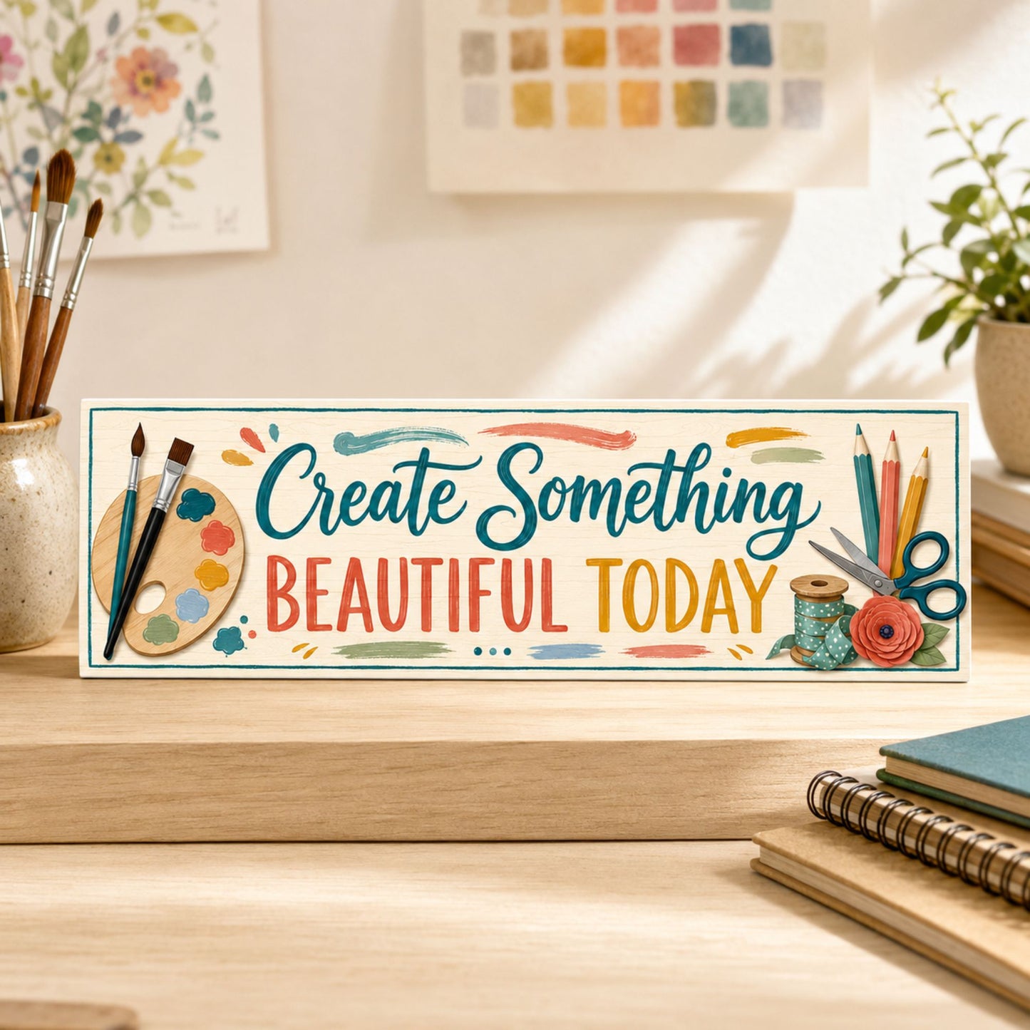 Create Something Beautiful Today sign displayed on a shelf in a bright creative workspace.