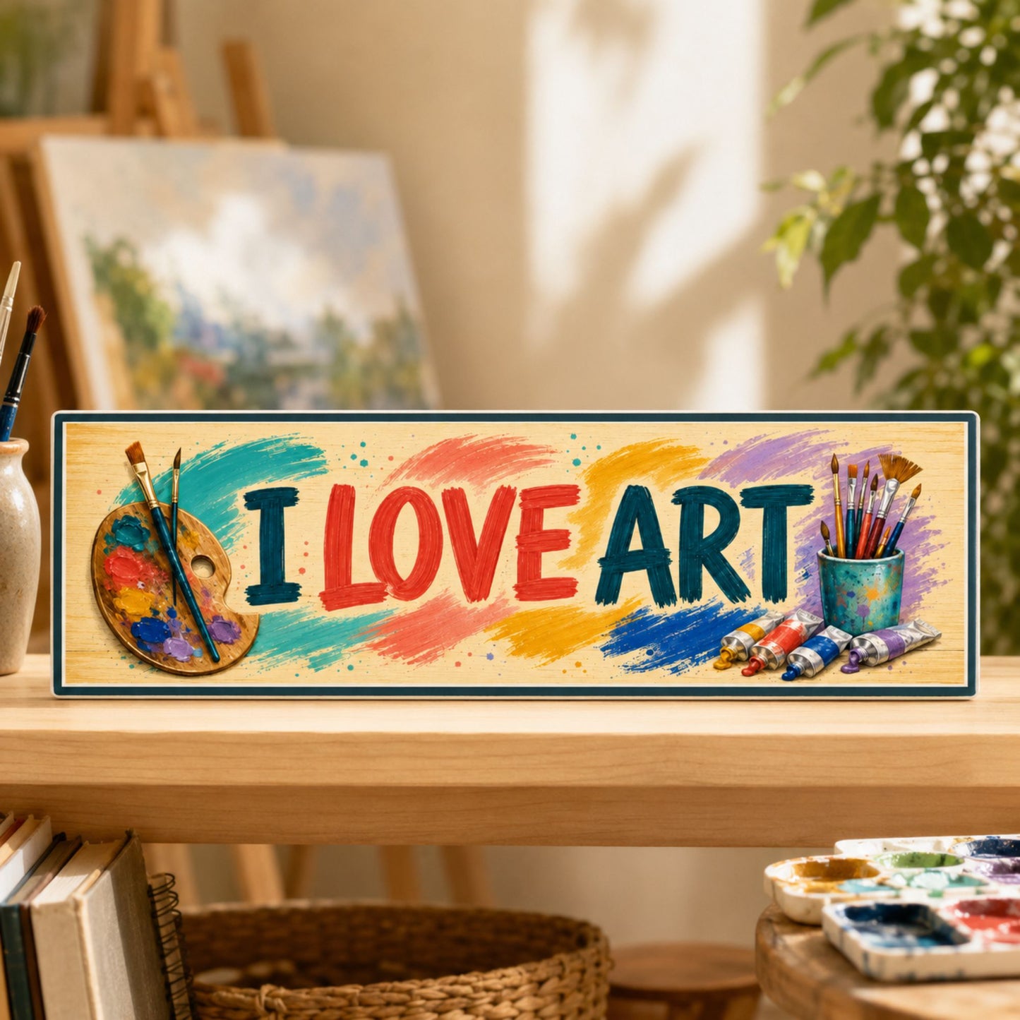 I Love Art sign displayed on a wooden shelf in a bright artist studio.