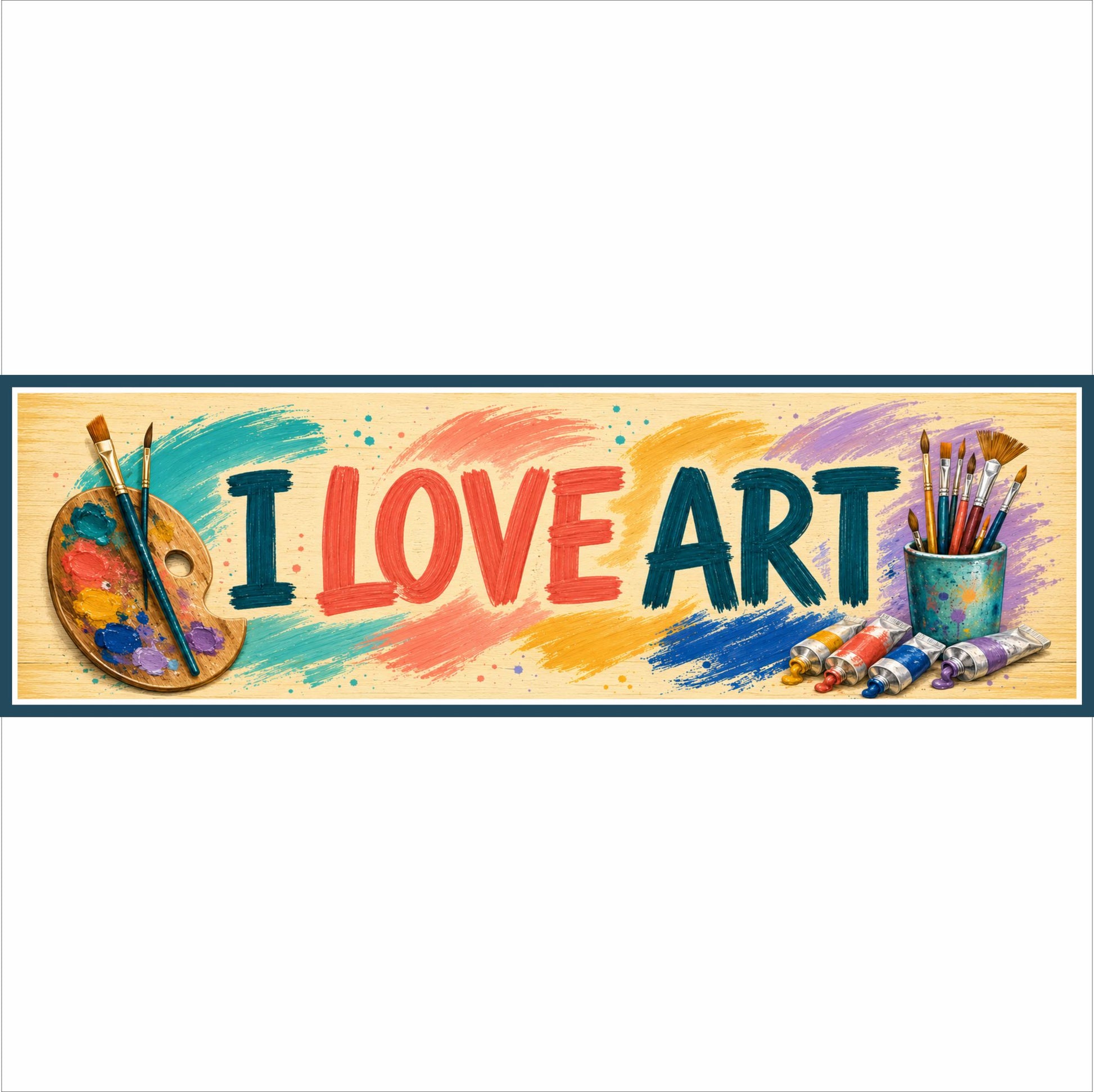 Colorful I Love Art 16×5 ready-to-ship sign featuring an artist palette, paintbrushes and art supplies.