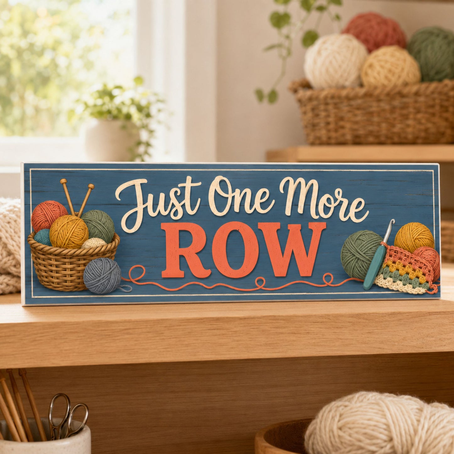 Just One More Row knitting and crochet sign displayed on a wooden shelf in a cozy craft room.