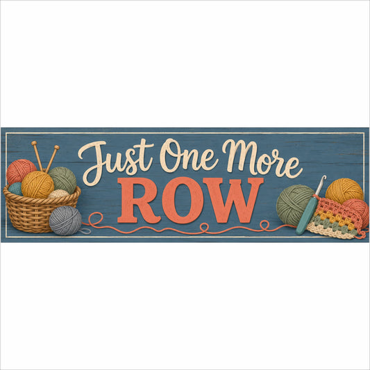 Just One More Row 16×5 knitting and crochet sign with colorful yarn, needles and crochet hook.