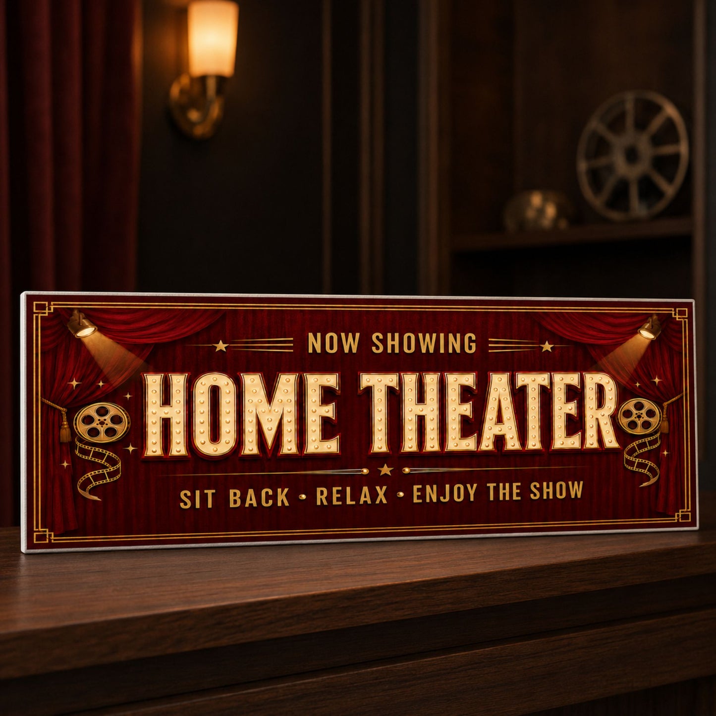 Home Theater sign displayed on a dark wooden shelf in a movie room