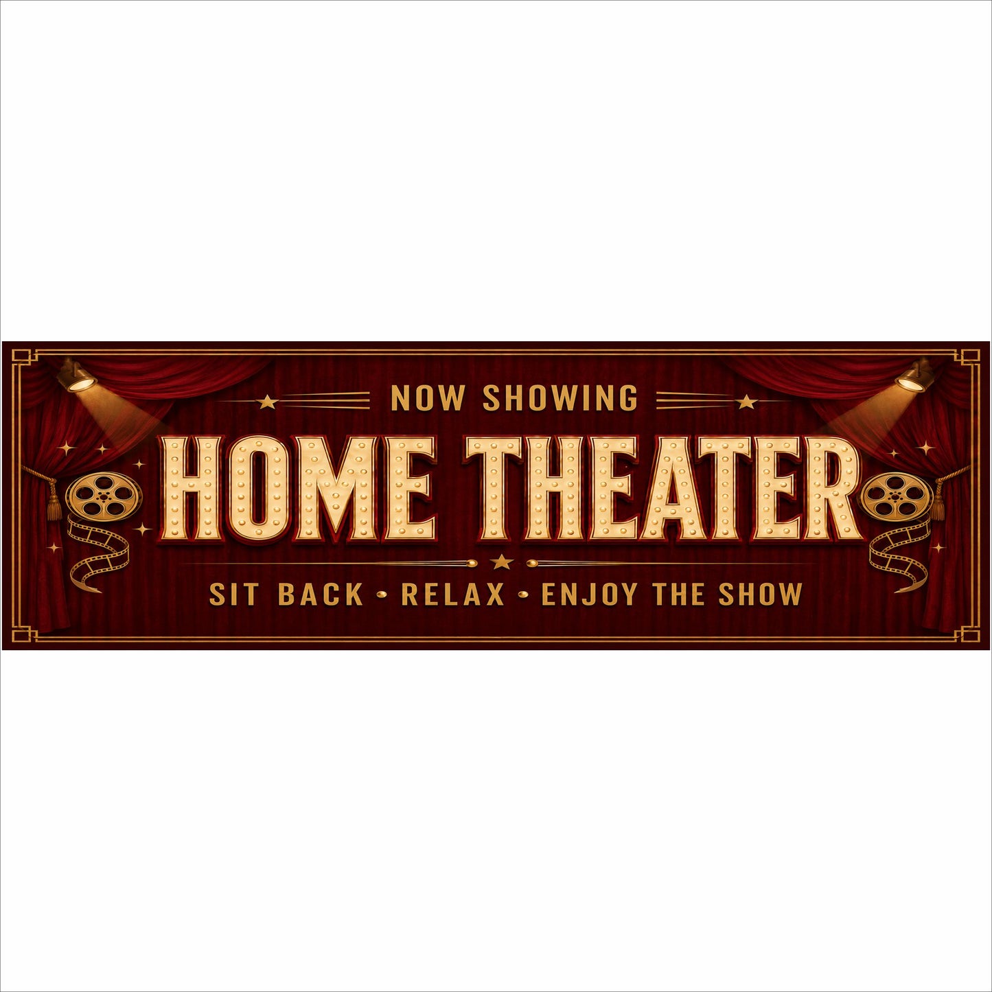 Home Theater Now Showing 16×5 burgundy and gold movie room sign