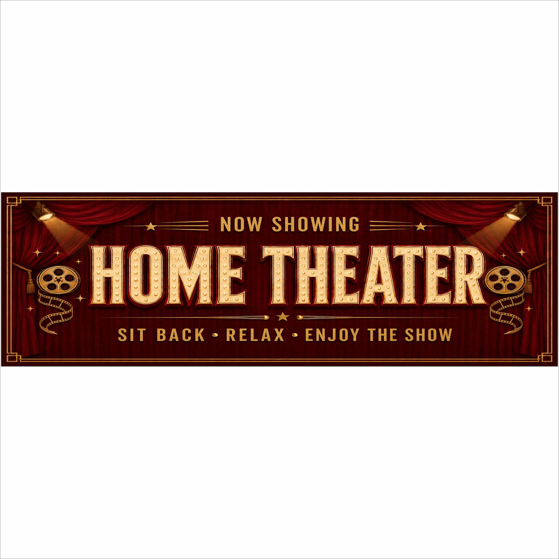 Home Theater Now Showing 16×5 burgundy and gold movie room sign