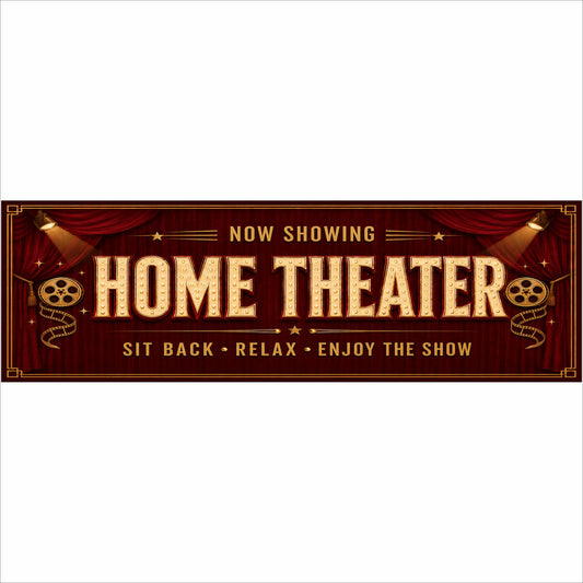 Home Theater Now Showing 16×5 burgundy and gold movie room sign