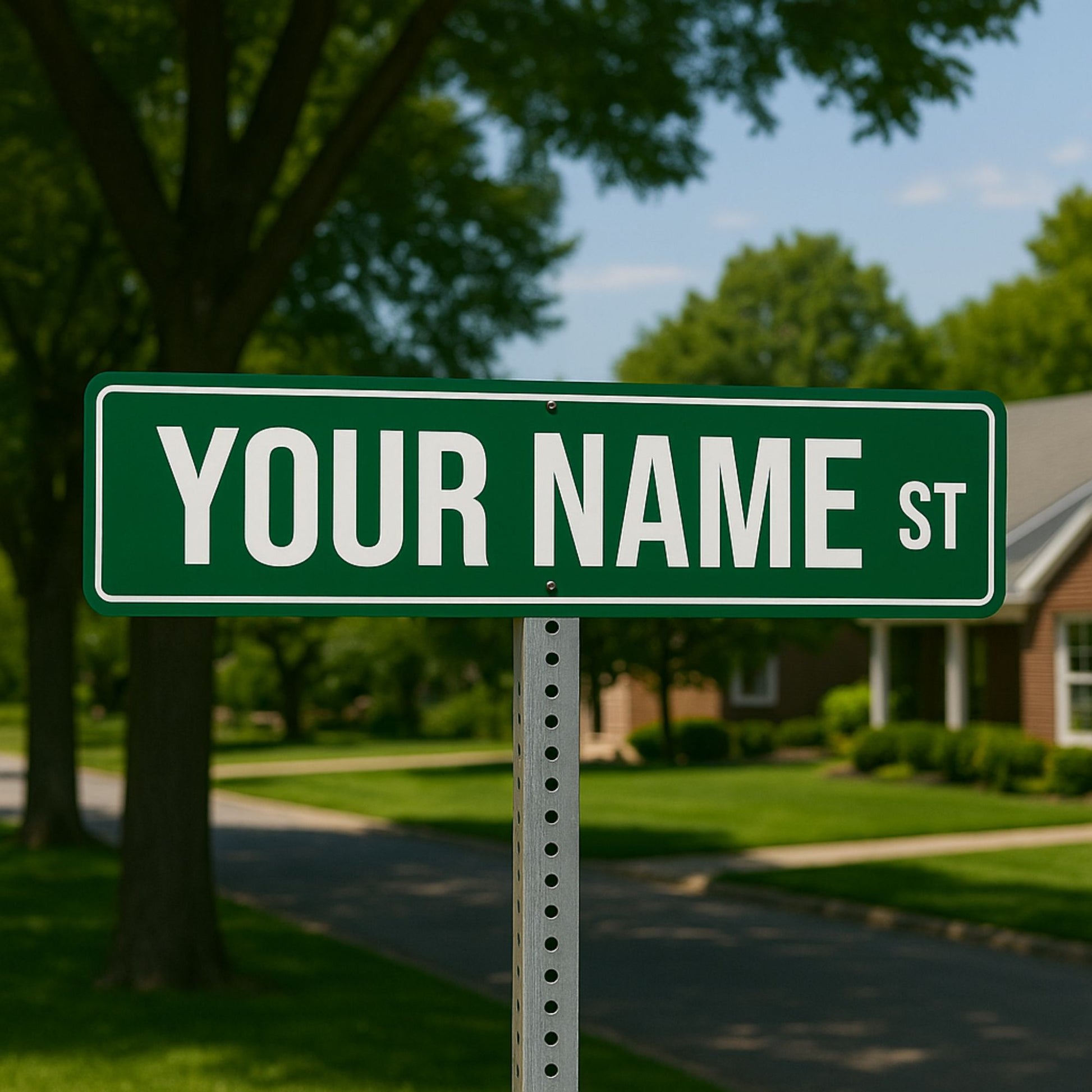 Custom street name sign installed outdoors on post