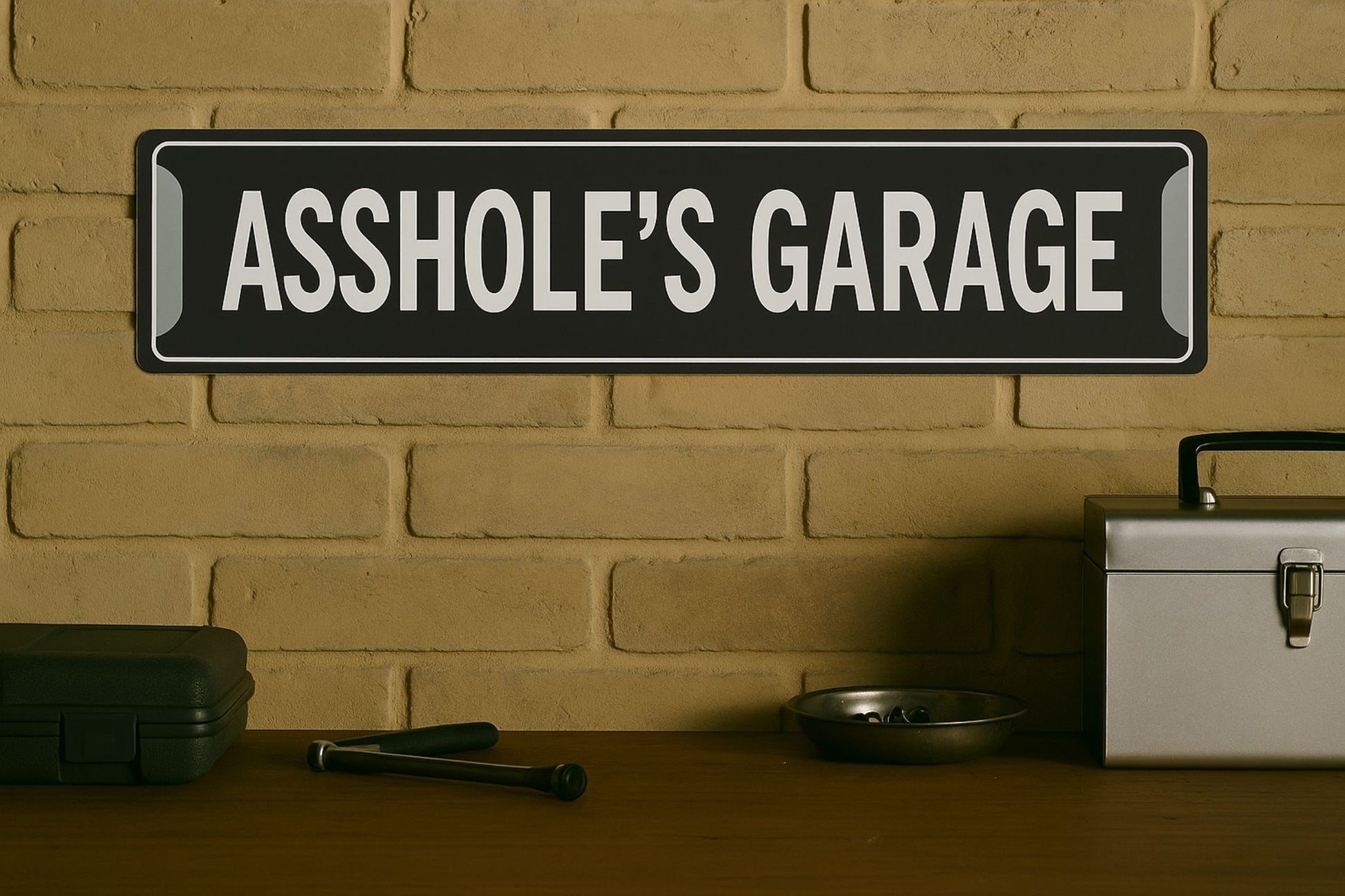 novelty garage sign mounted on workshop wall