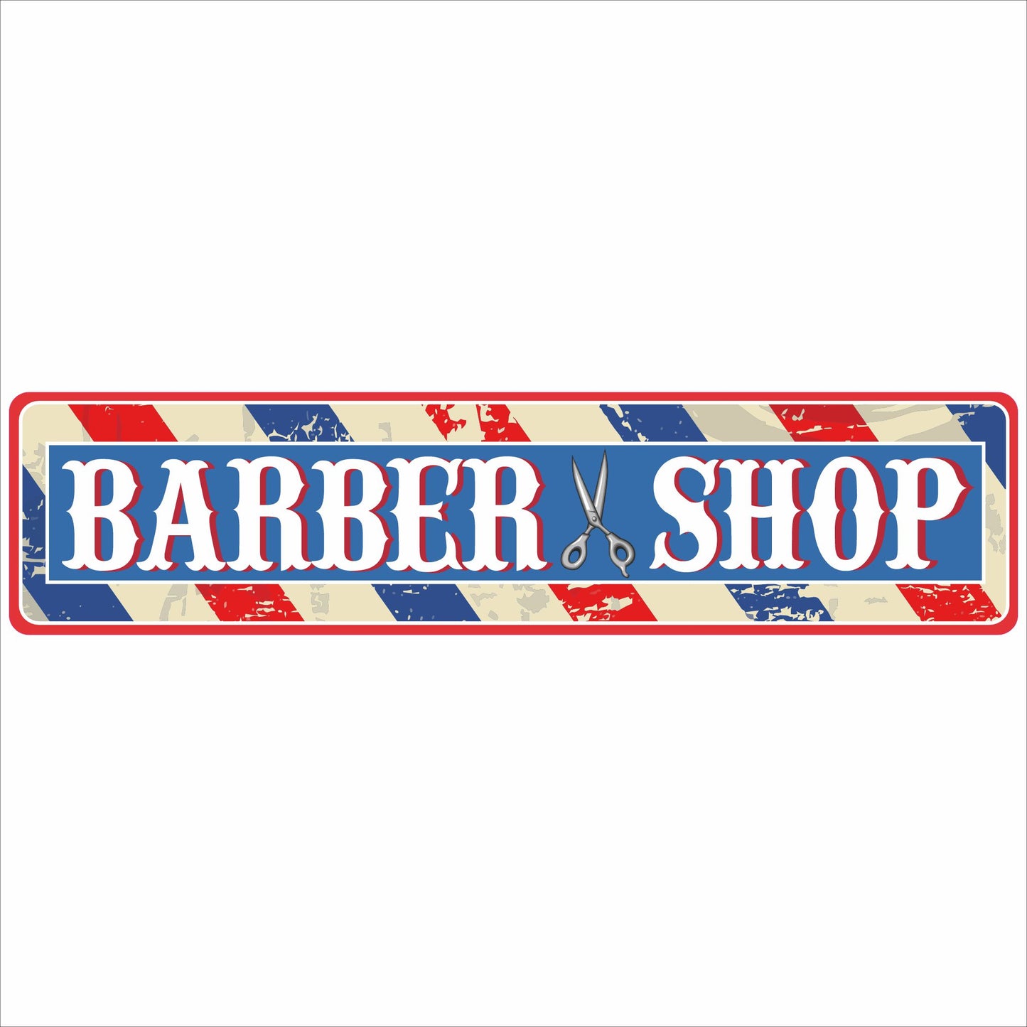 Personalized Barber Shop aluminum sign with red white and blue vintage stripe background and custom name